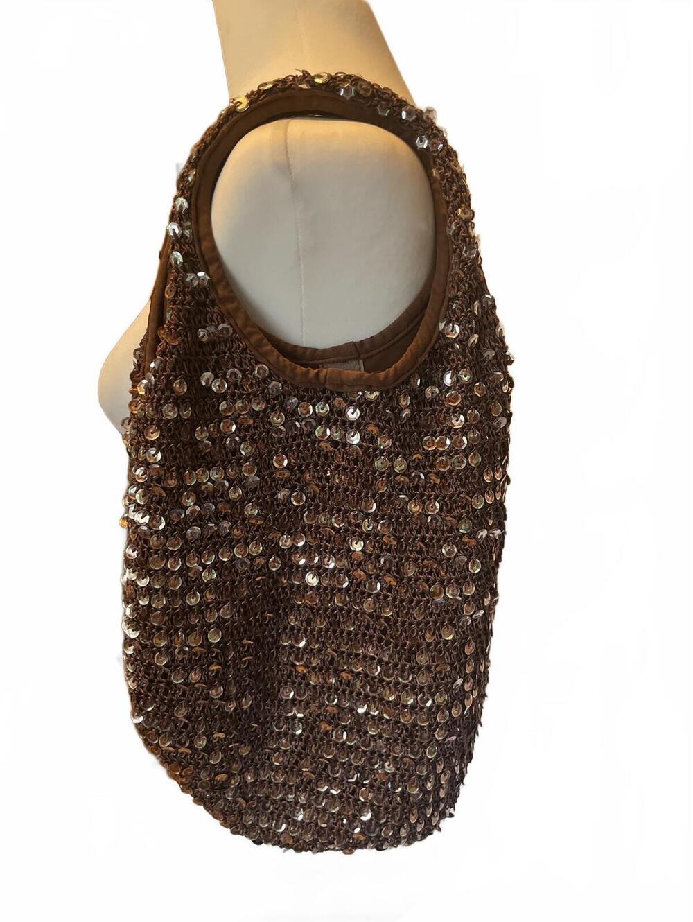 Y2K Brown Bronze Sequin Slouchy Hobo Shoulder Bag Purse Metallic Copper